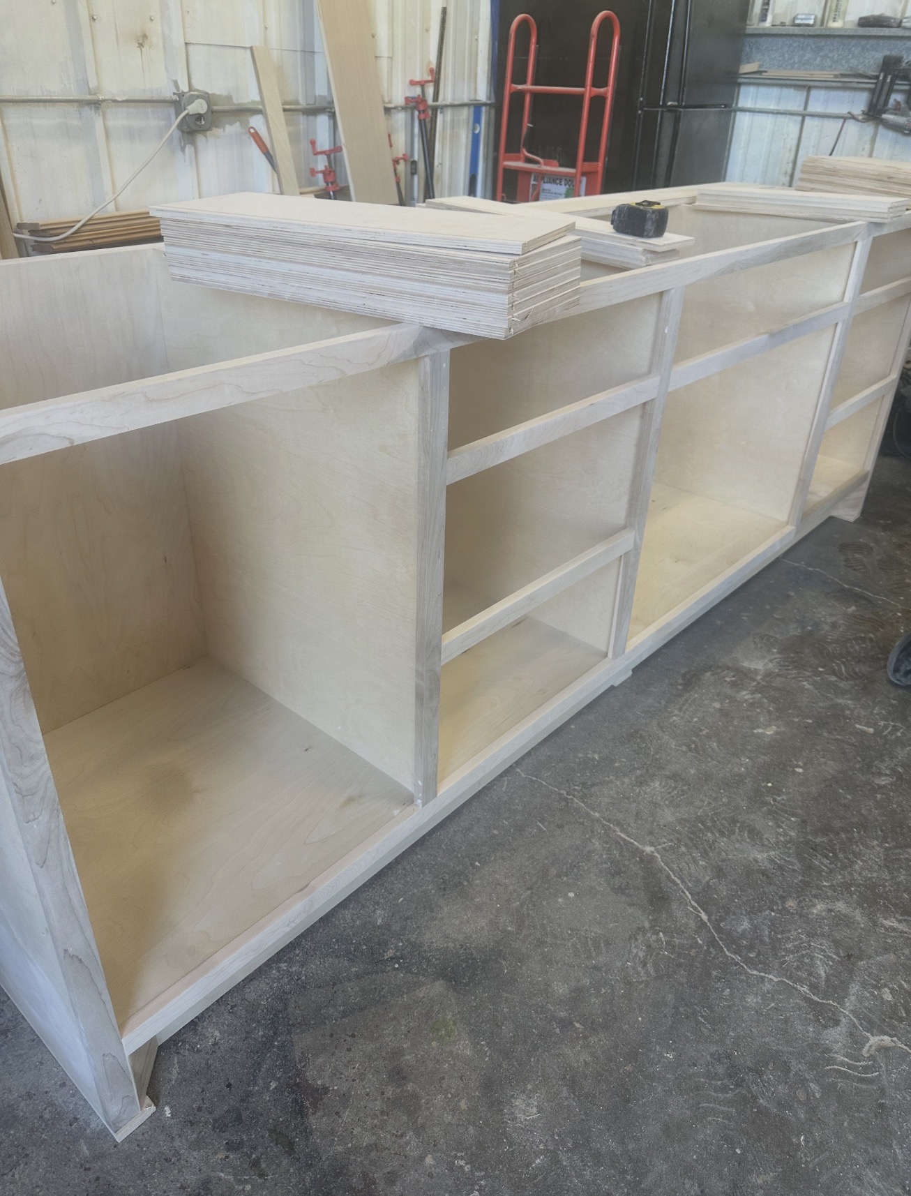 Custom wood cabinetry being built in a workshop