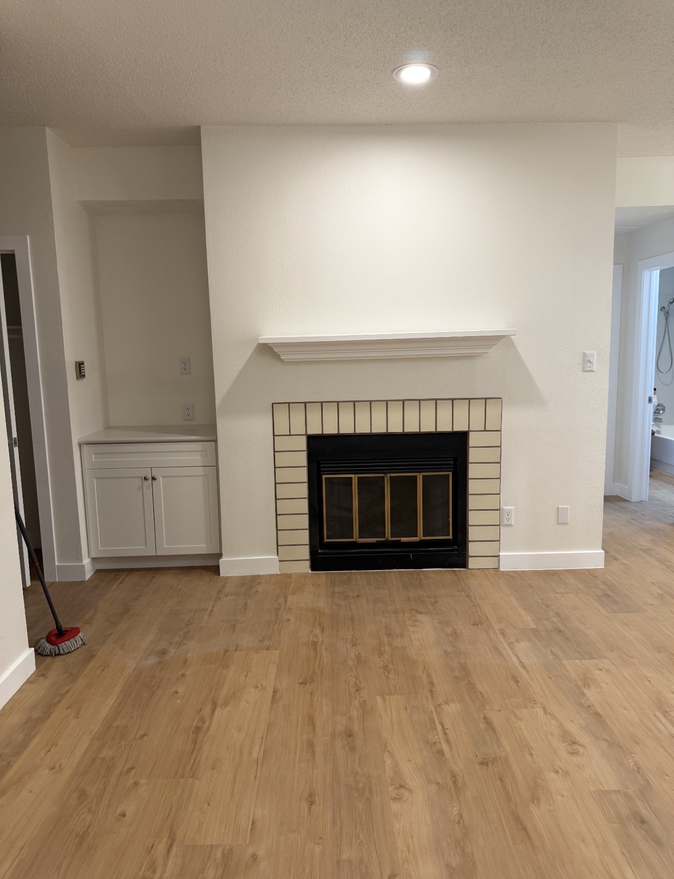 Renovated apartment living area with fireplace and new luxury vinyl plank flooring